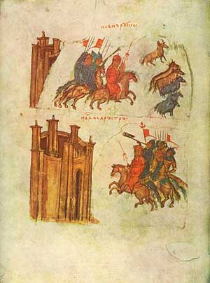 Миниатюра из Ватиканского манускрипта XIV века (хроника XII века Константина Манассия). Вверху изображено завоевание Святославом Болгарии, внизу — поход Иоанна Цимисхия на Доростол.