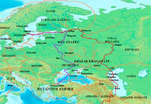 Речные пути Древней Руси: волжский путь отмечен красным, днепровский — фиолетовым.
