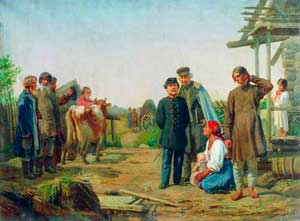 А. И. Корзухин. Сбор недоимок (Уводят последнюю корову). Картина 1868 г.