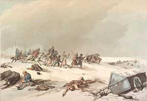 Казаки нападают на отступающих французов. Рисунок Джона Аткинсона, 1813 год