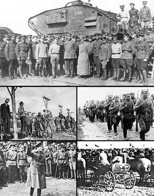 Сверху вниз, слева направо: Вооружённые силы Юга России в 1919 году, повешение австро-венгерскими войсками рабочих Екатеринослава во время австро-германской оккупации в 1918 году, красная пехота на марше в 1920 году, Л. Д. Троцкий в 1918 году, тачанка 1-й Конной армии.