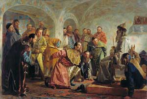Опричники.
Картина Н. В. Неврева. Изображено убийство боярина И. П. Фёдорова (1568), которого Грозный, обвинив в желании захватить власть, заставил надеть царские одежды и сесть на трон, после чего зарезал