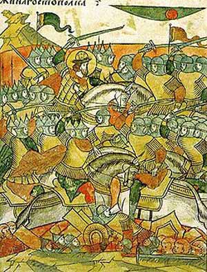 Ледовое побоище. Миниатюра Лицевого летописного свода, середина XVI века.