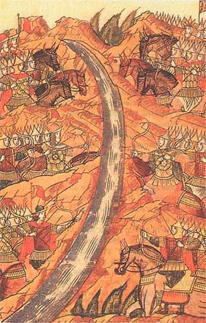 Стояние на Угре. Миниатюра летописного свода. XVI век