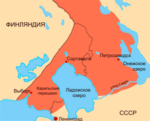 Граница максимального продвижения финской армии. Серым отмечена госграница 1939 года