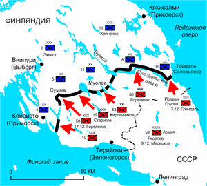Зимняя война. Карельский перешеек. Карта боевых действий. декабрь 1939 г. (Черным цветом) - Линия Маннергейма, (Синим цветом) – Финны, (Красным цветом) - Красная Армия.
