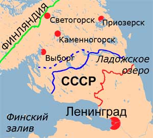 Карельский перешеек. Границы между СССР и Финляндией до (красной) и после (синей) Советско-финской войны 1939—1940 гг. «Линия Маннергейма» (синей)