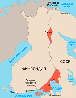 Карта из областей, переданных Финляндией Советскому Союзу после Зимней войны 1940 года.