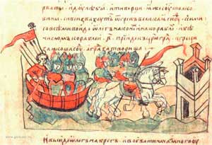 Олег Вещий ведёт войска к стенам Царьграда. Миниатюра из Радзивилловской летописи (начало XIII века).