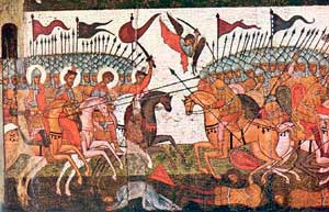 Битва новгородцев и суздальцев в 1170 году, фрагмент иконы 1460 г.,