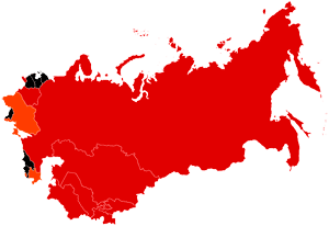 Красным обозначены страны Союза Суверенных Государств (ССГ); красным и оранжевым — союзные республики Союза ССР (ССГ-федерации)